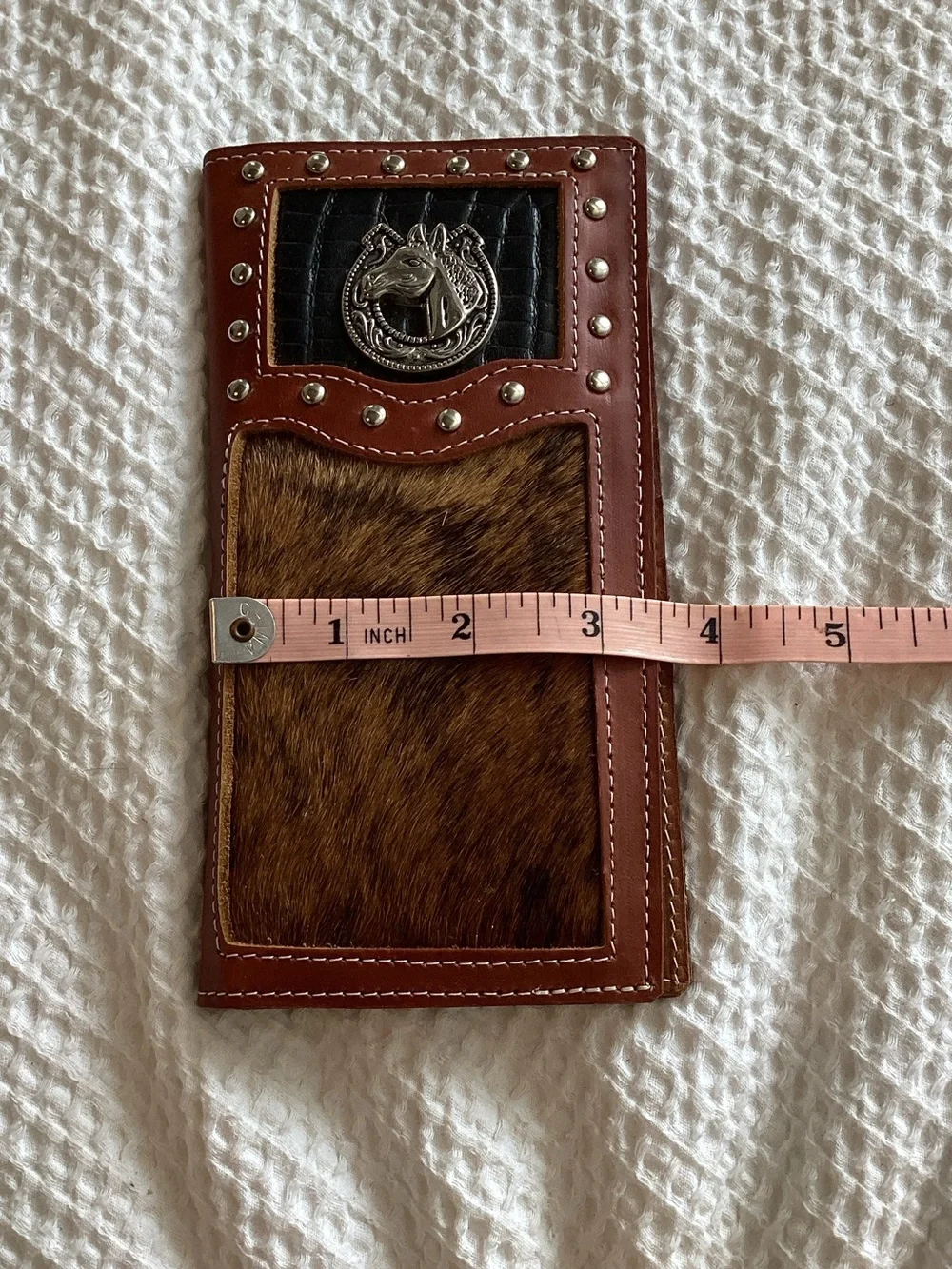 Men's Brown Hair-on Leather Western Wallet with Horse Emblem